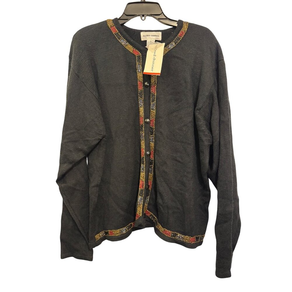 Alfred Dunner Beaded Cardigan Sweater XL Black Wool Acrylic Button Front